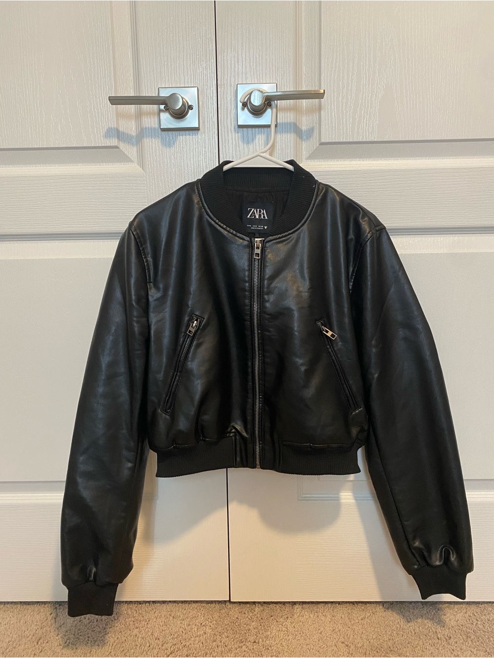 ZARA Black Faux Leather Cropped Bomber Jacket